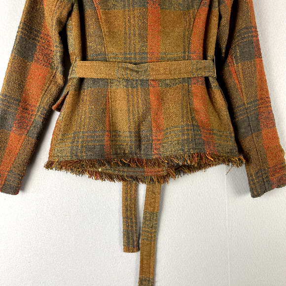 Anthropologie Cartonnier Plaid Wrap Blazer Women 0 Brown Fringe Tweed Fall - Picture 16 of 16